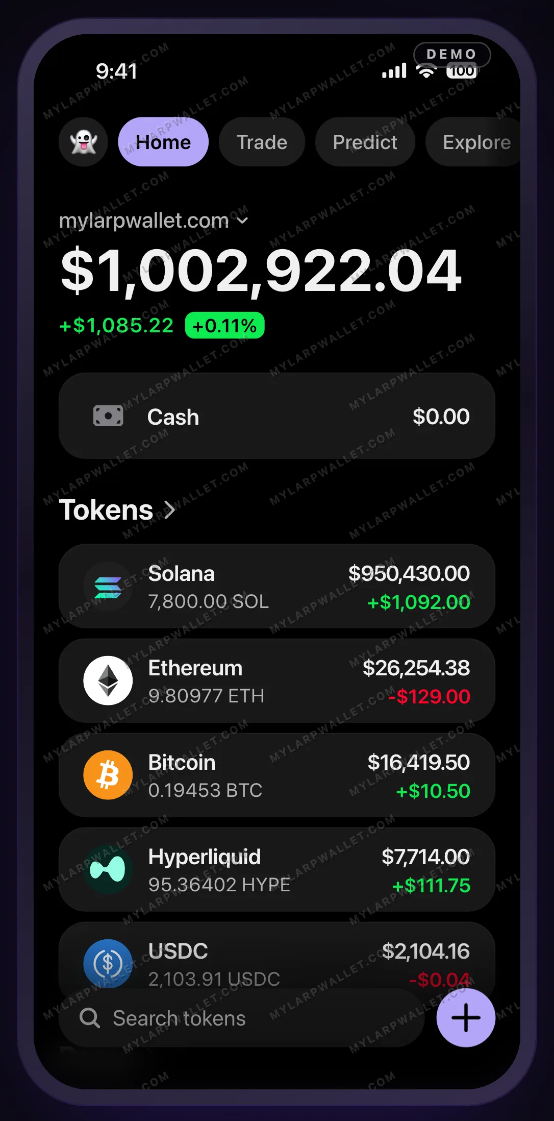 Écran de téléphone d'une démo de portefeuille crypto affichant un total de 1 002 922,04 dollars, dont 7 800 SOL valorisés 950 430 dollars, avec la pastille DEMO dans la barre d'état et le filigrane MYLARPWALLET.COM répété en diagonale