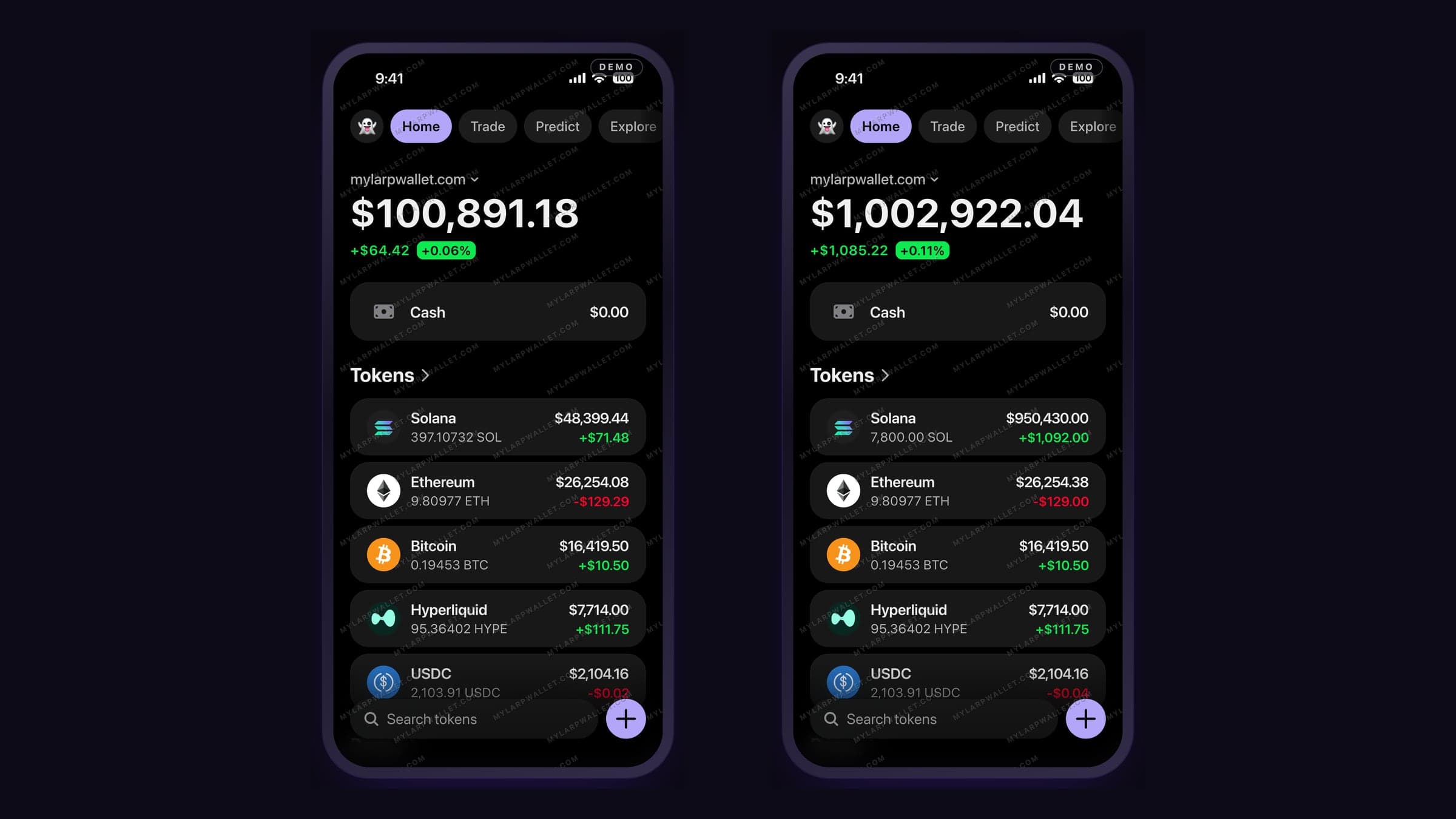 Deux écrans de la démo My Larp Wallet côte à côte : à gauche un portefeuille crypto fictif à 100 891,18 dollars, à droite le même à 1 002 922,04 dollars après la saisie de 7 800 SOL ; les deux portent la pastille DEMO et le filigrane MYLARPWALLET.COM