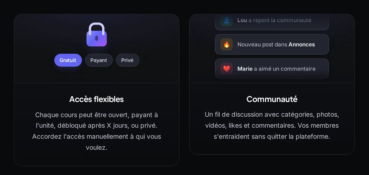 Deux tuiles de la page d'accueil de Learnea : « Accès flexibles » (cours ouvert, payant à l'unité, débloqué après X jours ou privé) et « Communauté » (fil de discussion avec catégories, photos, vidéos, likes et commentaires)