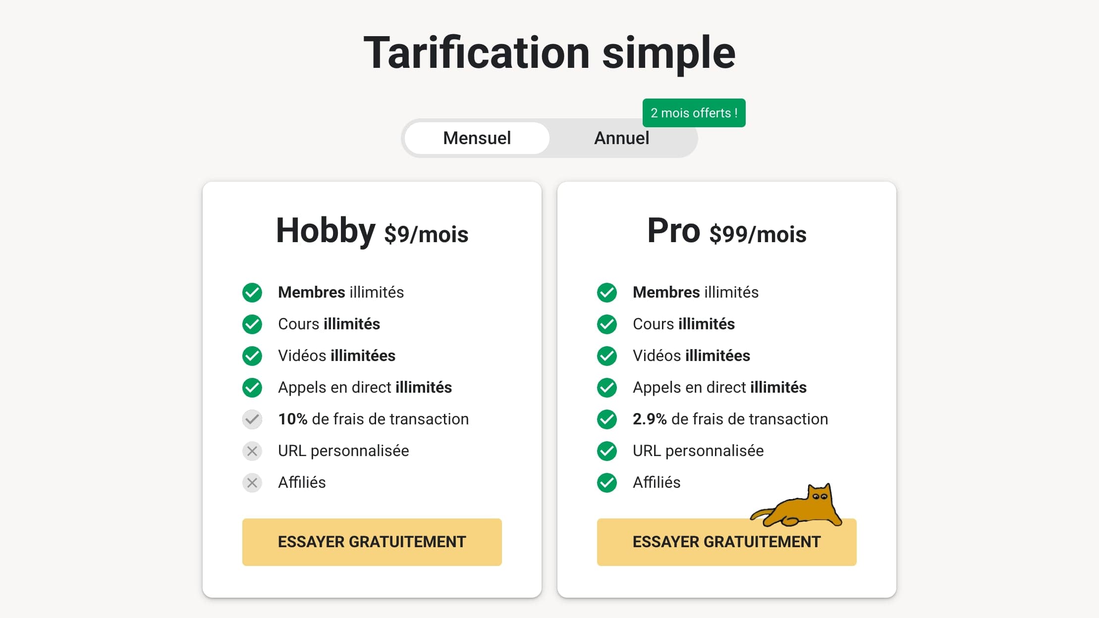 Page Tarifs de Skool en français : sous le titre « Tarification simple » et un sélecteur Mensuel ou Annuel marqué « 2 mois offerts ! », deux cartes, Hobby à 9 $ par mois avec 10 % de frais de transaction, sans URL personnalisée ni affiliés, et Pro à 99 $ par mois avec 2,9 % de frais, URL personnalisée et affiliés