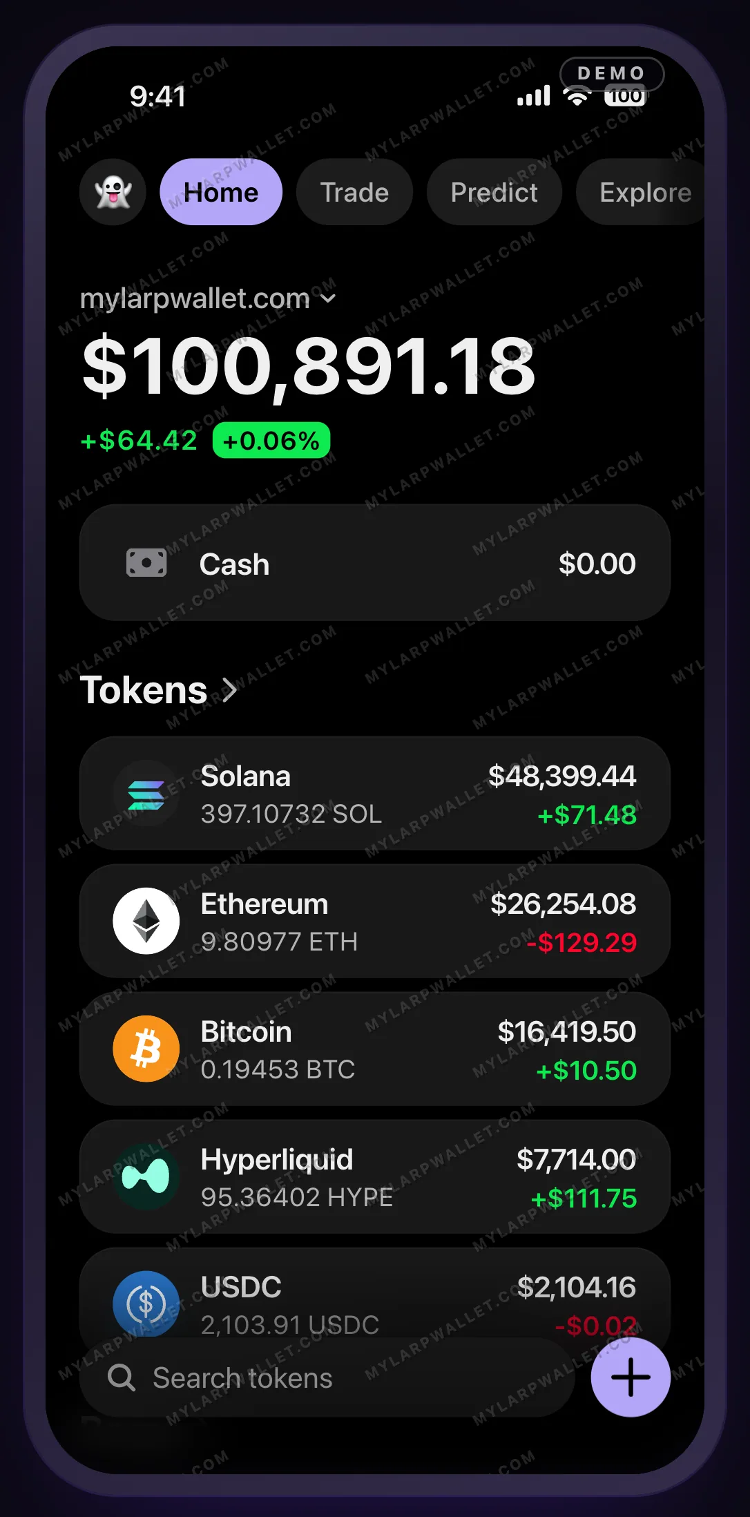 Écran de la démo de My Larp Wallet avant toute modification : un solde de 100 891,18 dollars, cinq lignes de jetons (Solana, Ethereum, Bitcoin, Hyperliquid, USDC), une pastille DEMO dans la barre d'état et le filigrane MYLARPWALLET.COM répété en diagonale sur tout l'écran