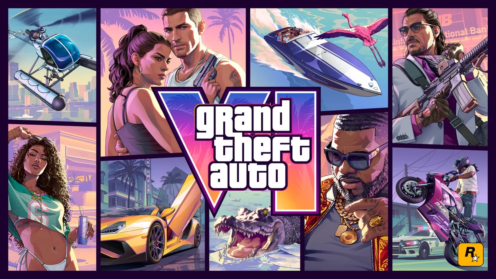 Illustration officielle de la jaquette de GTA VI : le logo Grand Theft Auto VI entouré de vignettes montrant Lucia, Jason et d'autres personnages, un alligator, une voiture de sport, un hors-bord et un hélicoptère