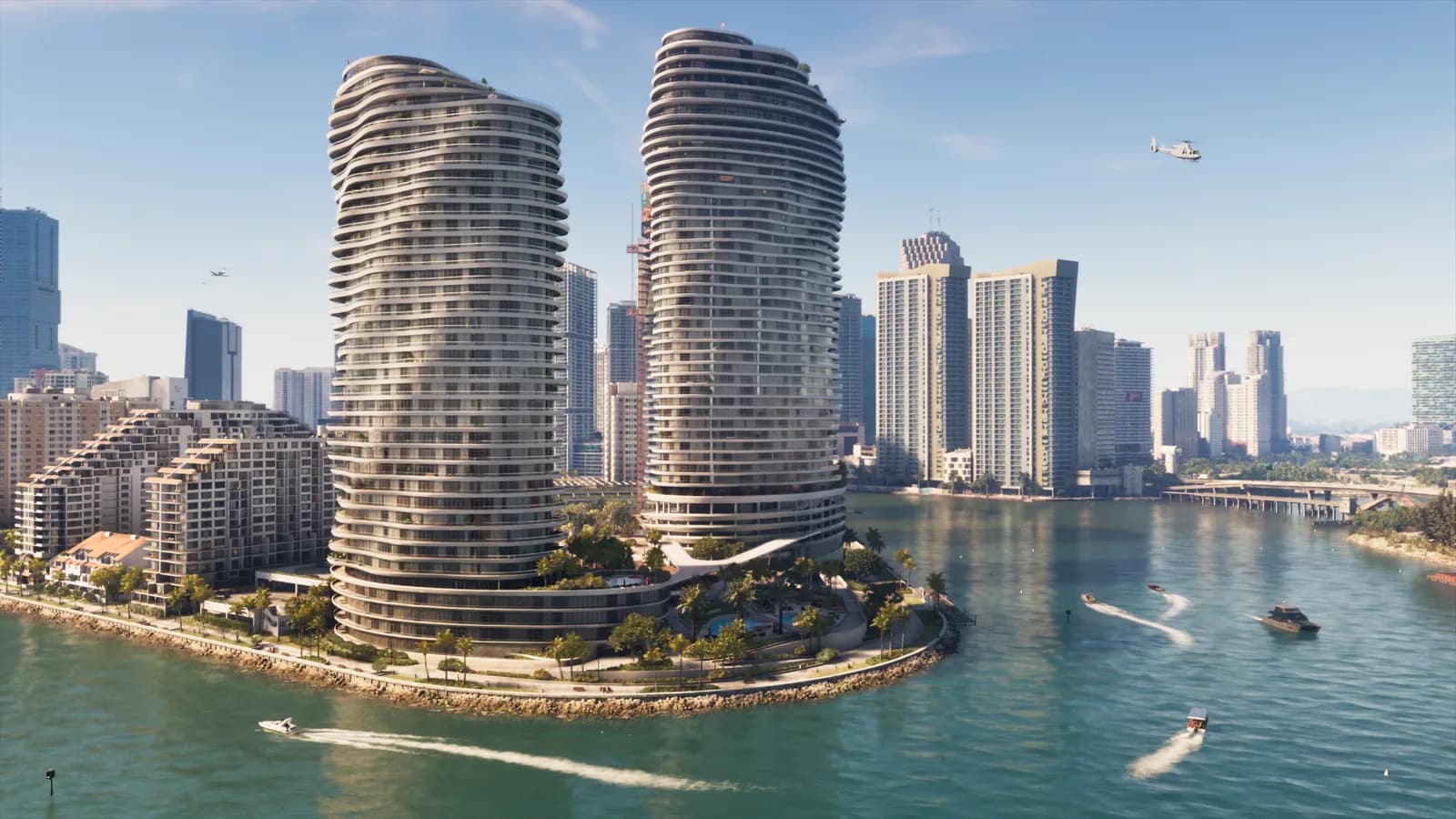 Capture de GTA VI : deux tours résidentielles aux balcons ondulés au bord de la baie de Vice City, avec des bateaux, un hélicoptère et d'autres gratte-ciel à l'arrière-plan
