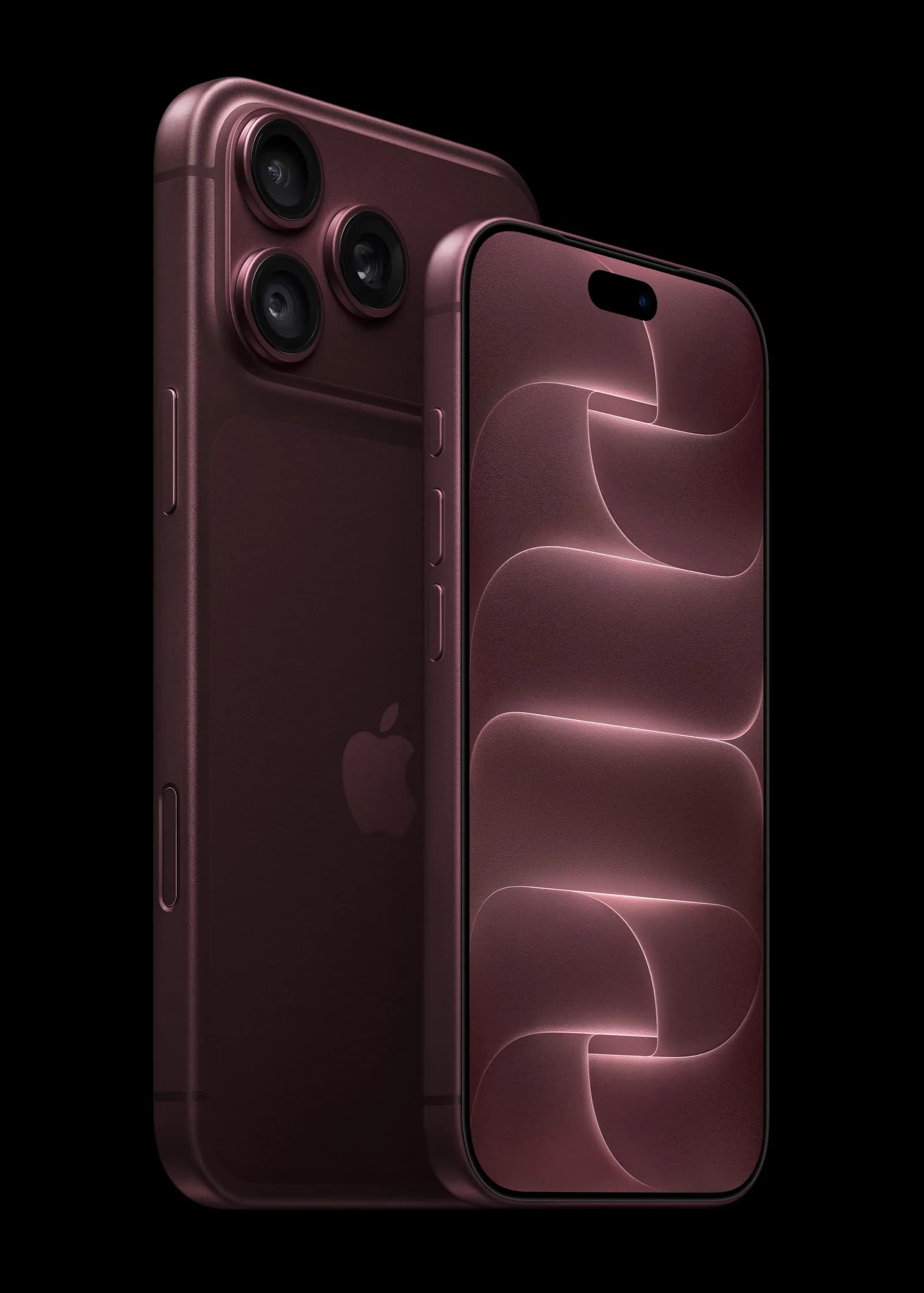 Un iPhone 18 Pro bordeaux vu de face, écran allumé, devant un iPhone 18 Pro Max bordeaux vu de dos avec ses trois appareils photo
