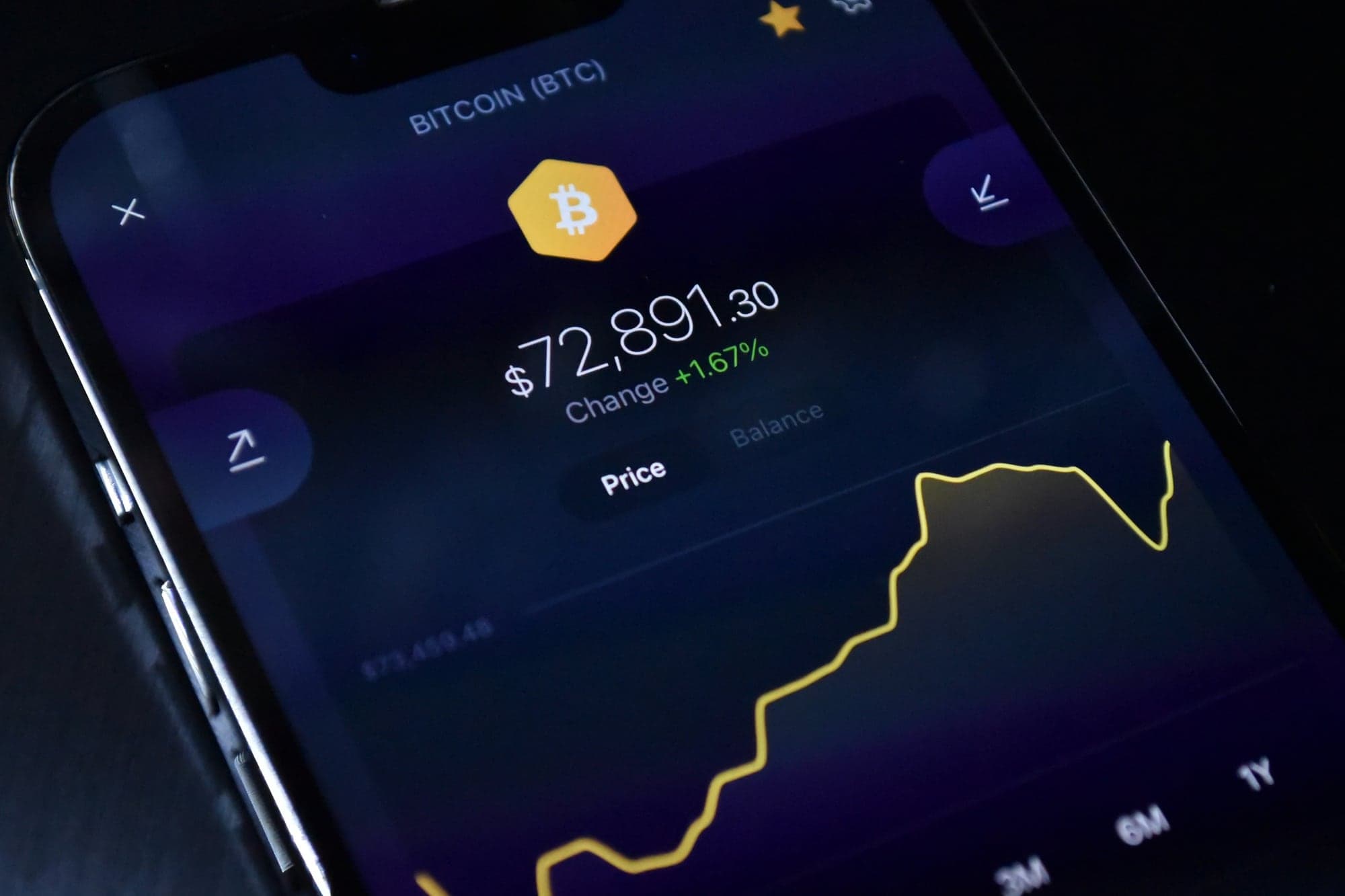 Écran de smartphone affichant une application de portefeuille crypto : cours du bitcoin à 72 891,30 dollars, courbe de prix jaune sur fond violet et onglets « Price » et « Balance »