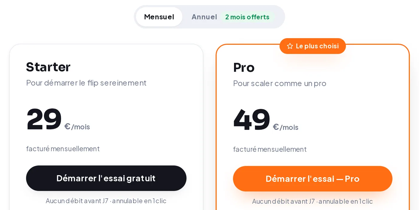 Page tarifs de BOT LBC avant sa fermeture : formule Starter à 29 € par mois et formule Pro à 49 € par mois, avec un bouton d'essai gratuit et un sélecteur mensuel ou annuel.