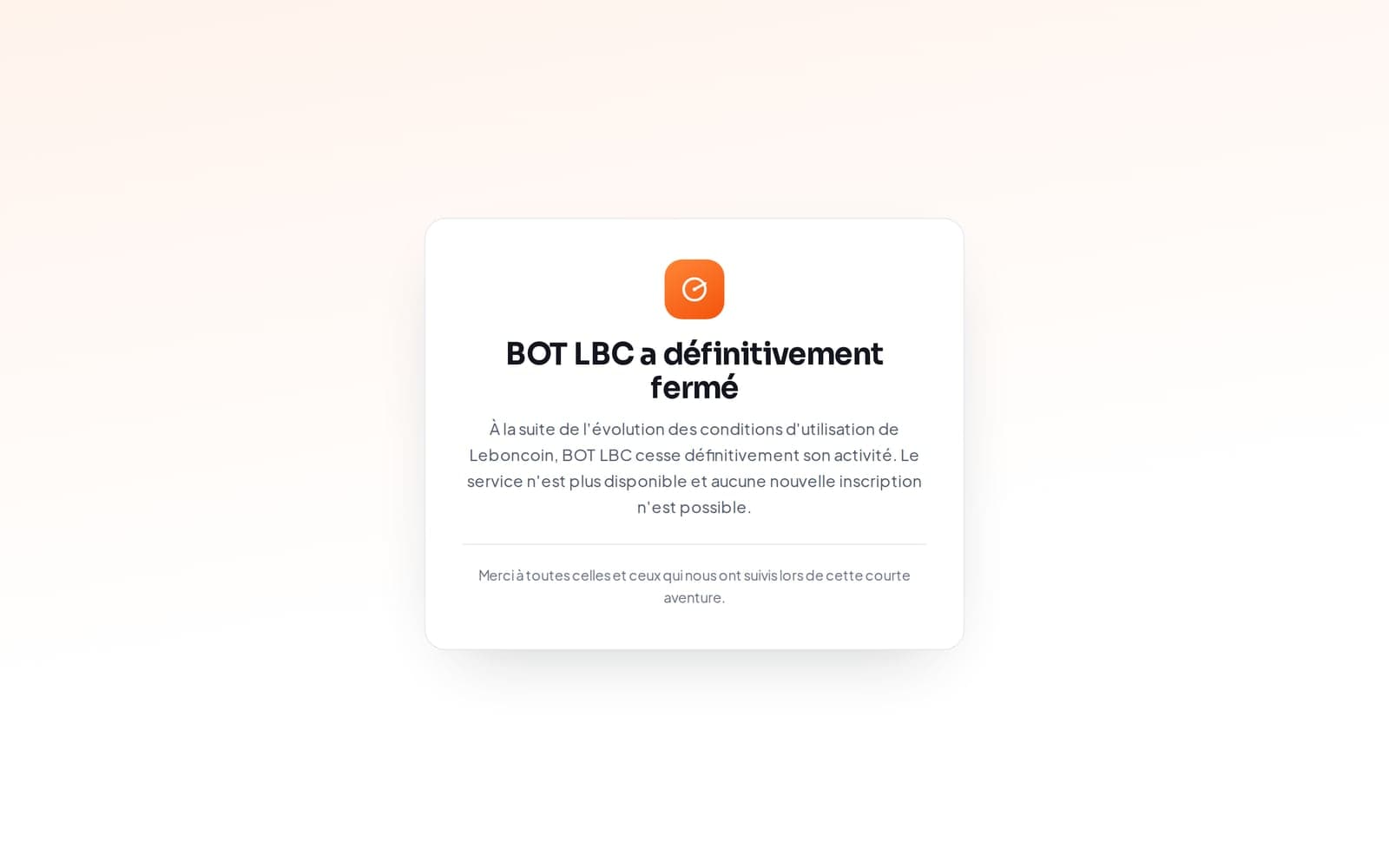 Le message affiché par botlbc.fr depuis le 21 septembre 2026 : « BOT LBC a définitivement fermé ».