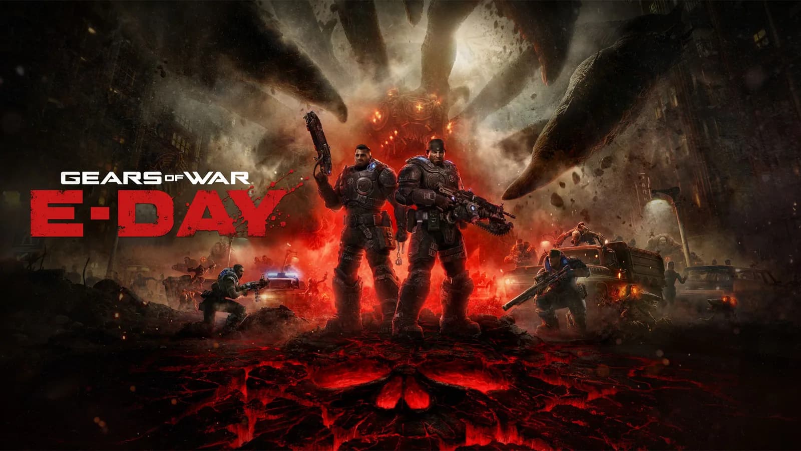 Illustration officielle de Gears of War: E-Day : Dom Santiago et Marcus Fenix en armure, armes à la main, sur un sol de lave rougeoyant, devant des soldats au combat et d'immenses griffes de créature surgissant d'une ville en ruine ; le logo du jeu à gauche