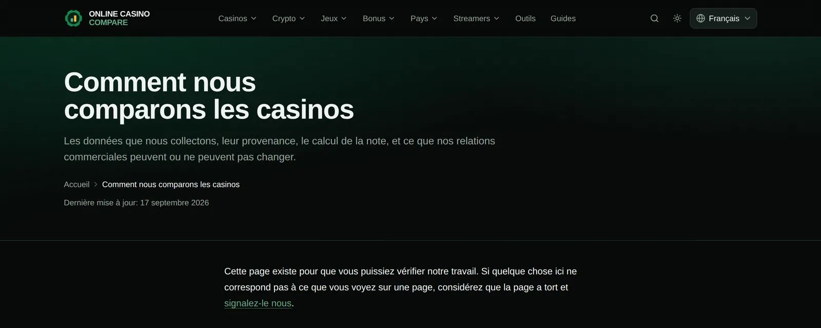 En-tête de la page « Comment nous comparons les casinos » d'Online Casino Compare, datée du 17 septembre 2026, qui annonce les données collectées, leur provenance, le calcul de la note et ce que les relations commerciales du site peuvent ou non changer.